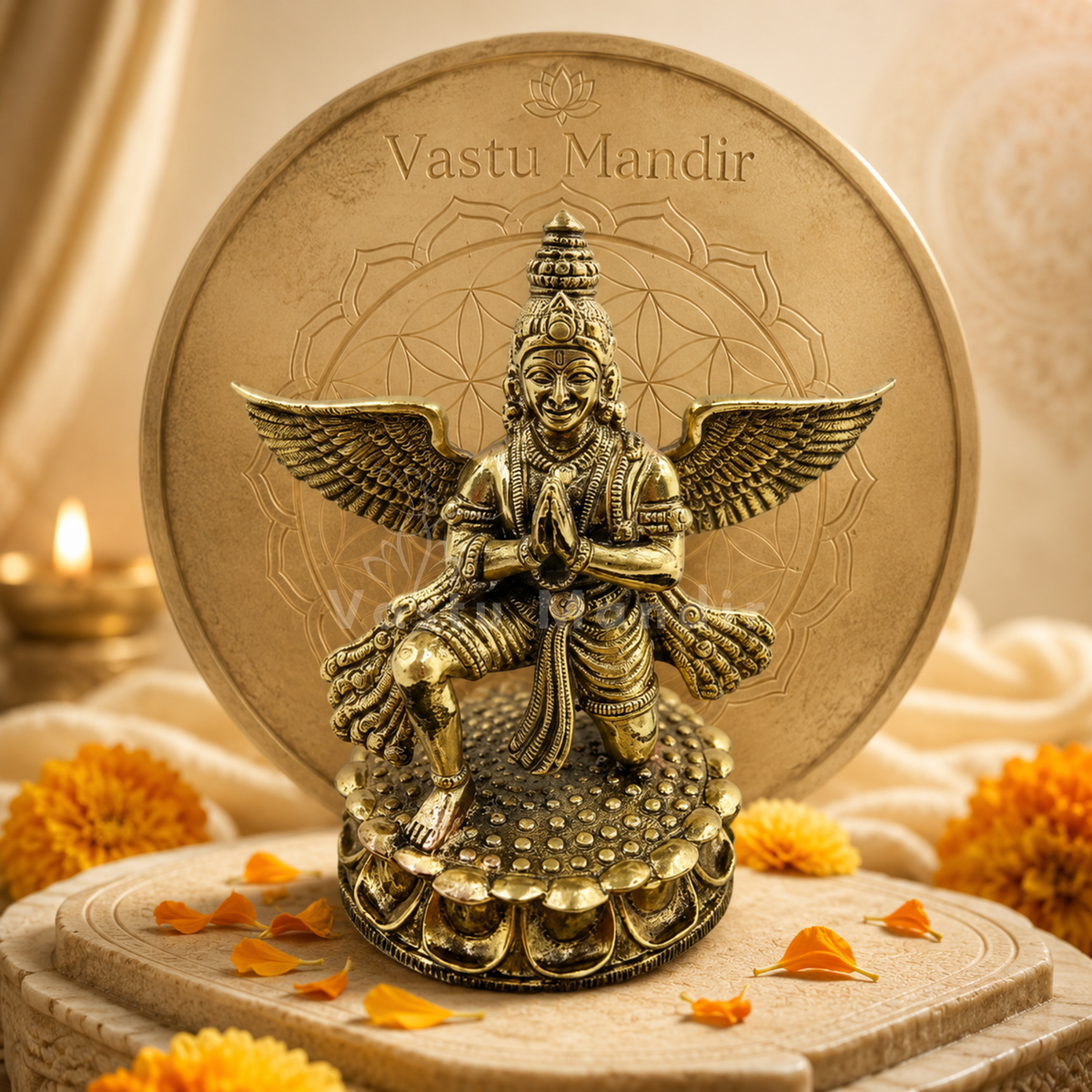Garud Dev brass idol in front of a Vastu Mandir emblem with marigold flowers