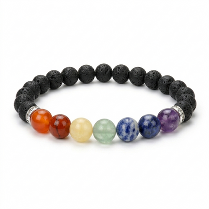 7 chakra lava crystal bracelet in a close white-background bead view
