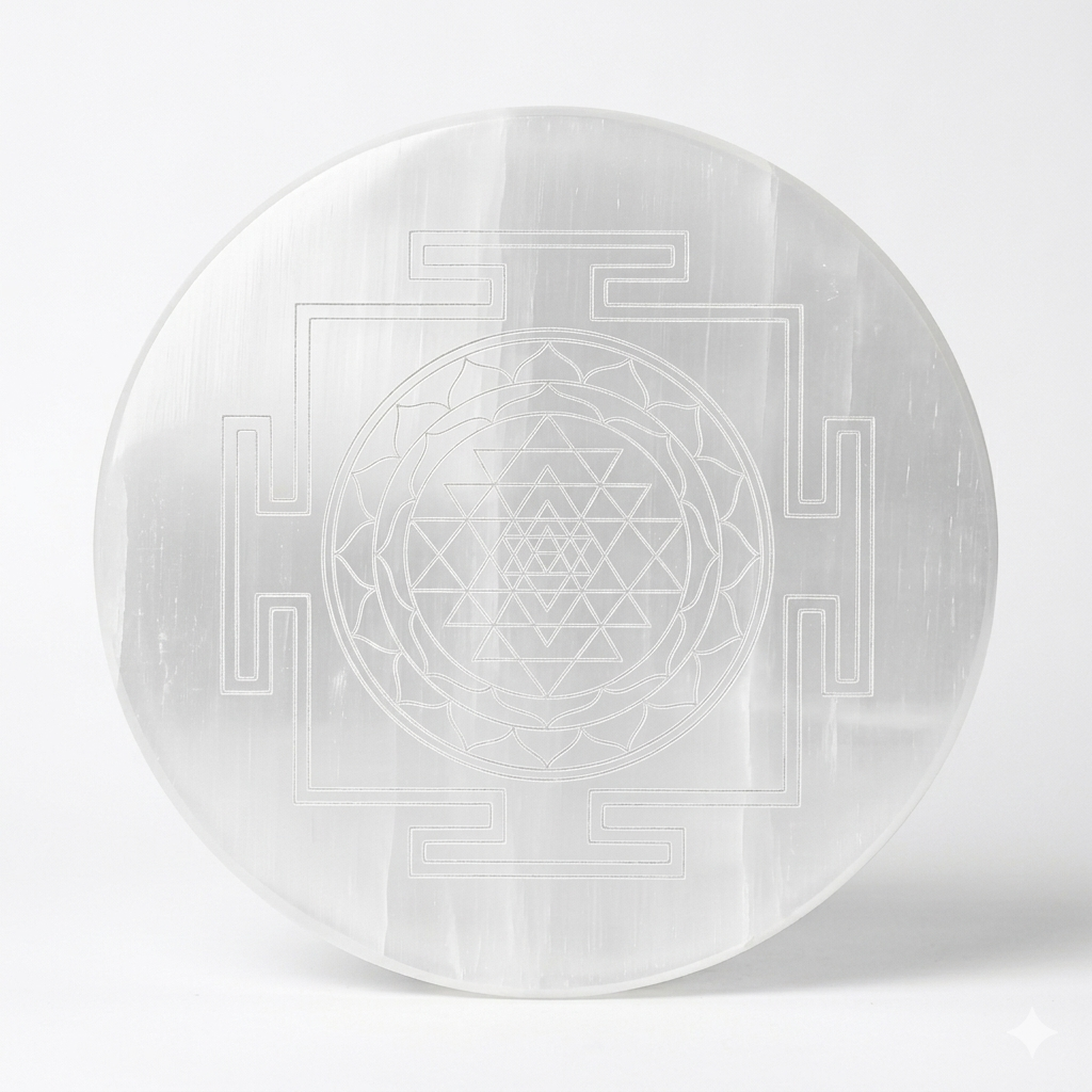 Shree yantra selenite plate shown in a close styled product view