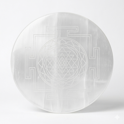 Shree yantra selenite plate shown in a close styled product view