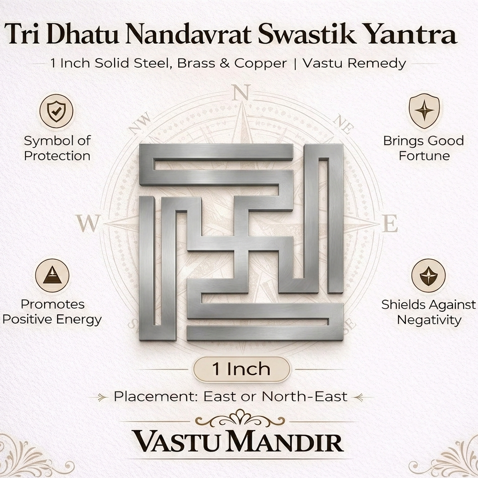 Tri Dhatu Nandavrat Swastik Yantra with Vastu Mandir branding on a white background