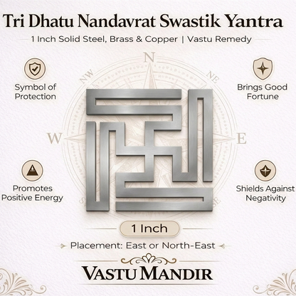 Tri Dhatu Nandavrat Swastik Yantra with Vastu Mandir branding on a white background