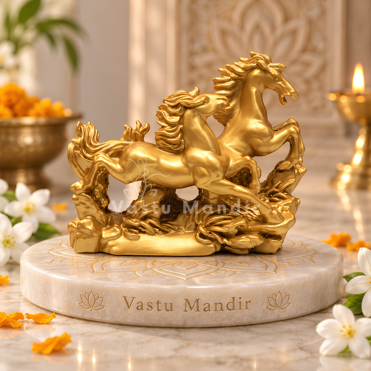 Radiant Golden Running Horses Pair Resin Sculpture Vastu Remedy for Prosperity, Opportunity Attraction and Business Growth for Office Desk, Living Room and Home Decor | 20 x 8 x 16 cm | 550 gm