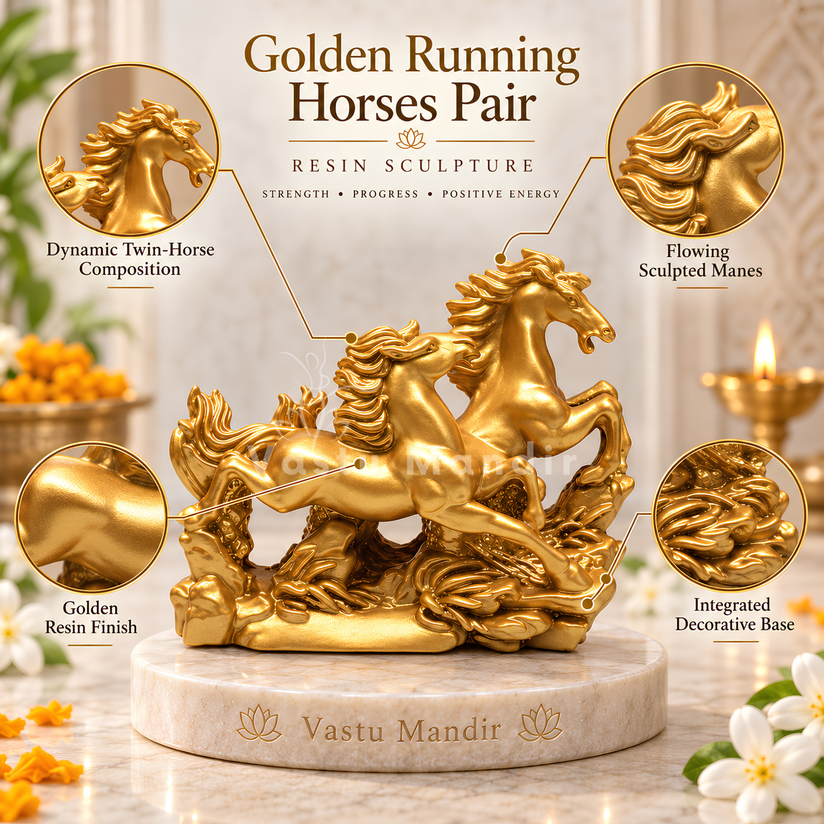 Radiant Golden Running Horses Pair Resin Sculpture Vastu Remedy for Prosperity, Opportunity Attraction and Business Growth for Office Desk, Living Room and Home Decor | 20 x 8 x 16 cm | 550 gm