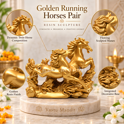 Radiant Golden Running Horses Pair Resin Sculpture Vastu Remedy for Prosperity, Opportunity Attraction and Business Growth for Office Desk, Living Room and Home Decor | 20 x 8 x 16 cm | 550 gm