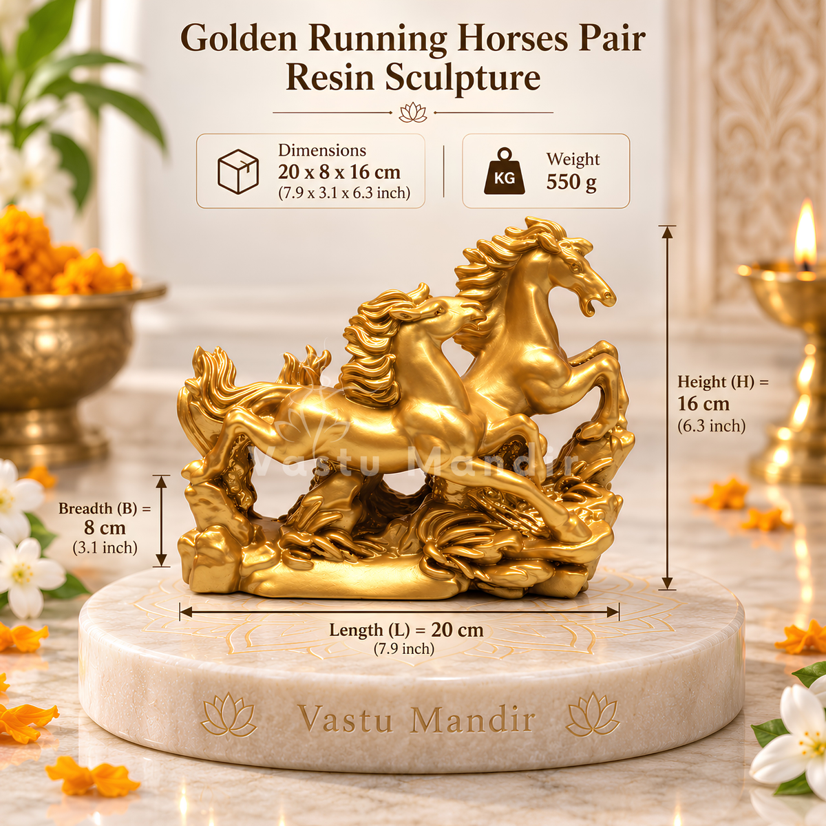Radiant Golden Running Horses Pair Resin Sculpture Vastu Remedy for Prosperity, Opportunity Attraction and Business Growth for Office Desk, Living Room and Home Decor | 20 x 8 x 16 cm | 550 gm