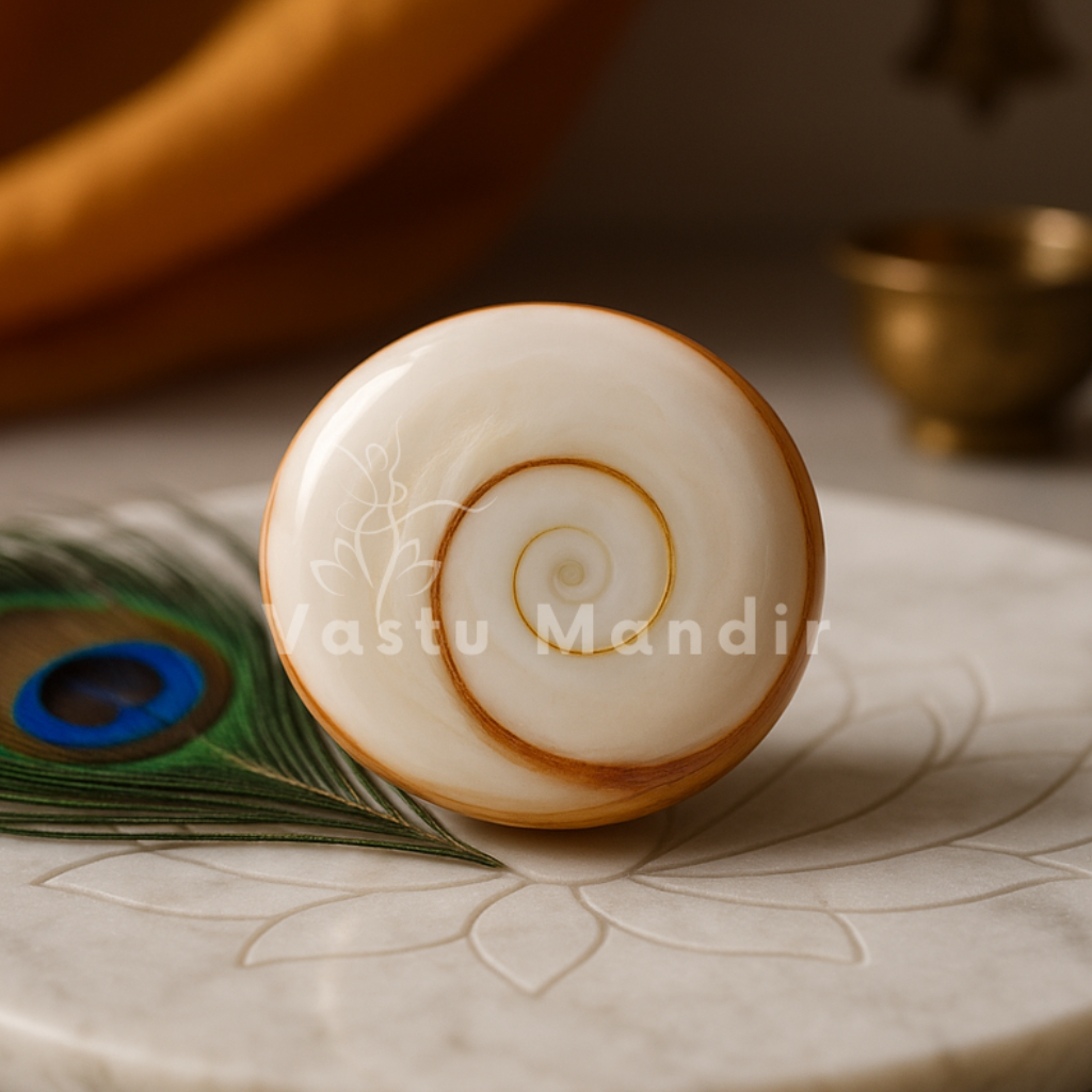 Decorative item with spiral design on a marble plate with a peacock feather, branded 'Tastu Mandir'.