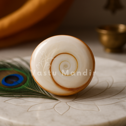 Decorative item with spiral design on a marble plate with a peacock feather, branded 'Tastu Mandir'.