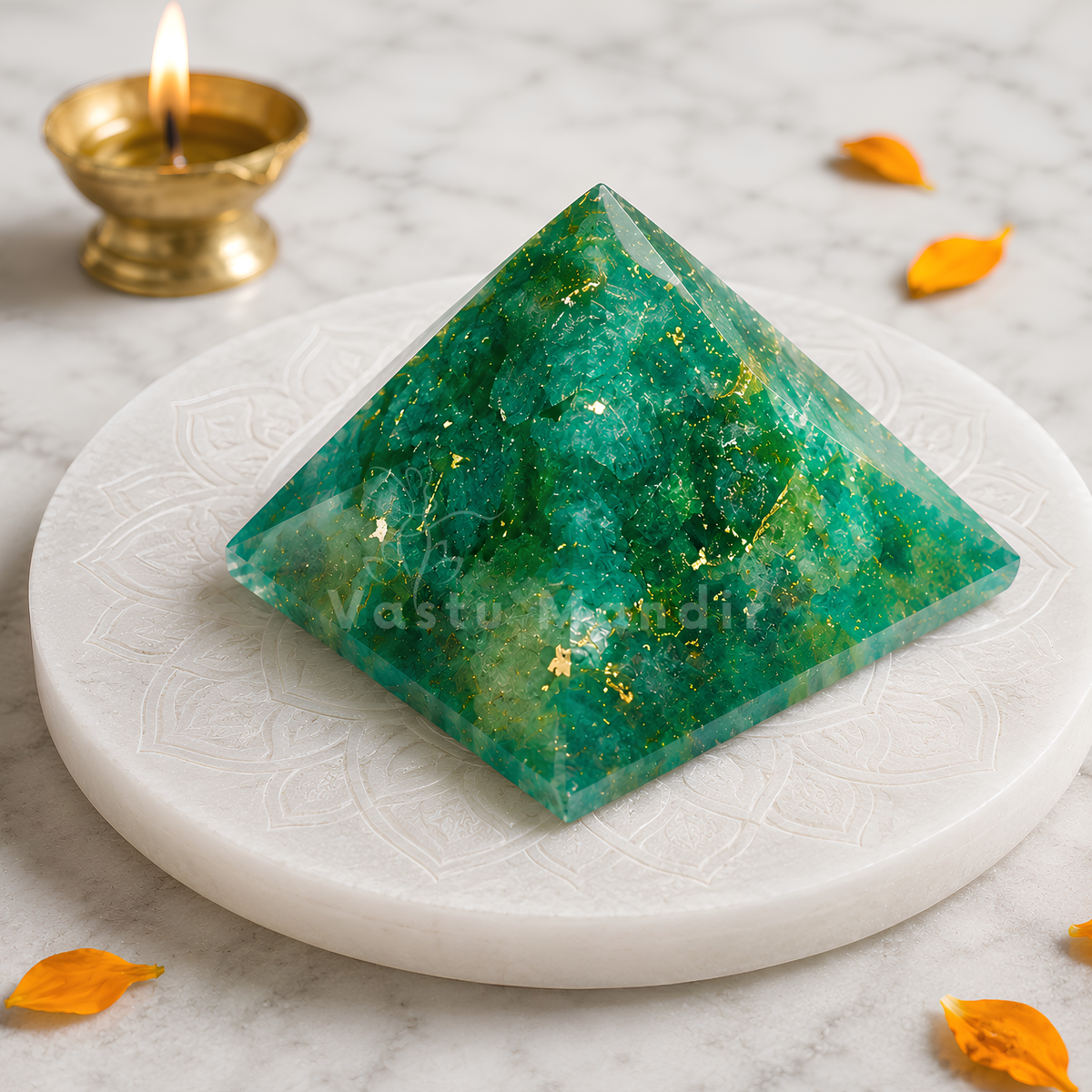 Green Aventurine Orgone Pyramid, orgonite – front-left angled view showing two pyramid faces