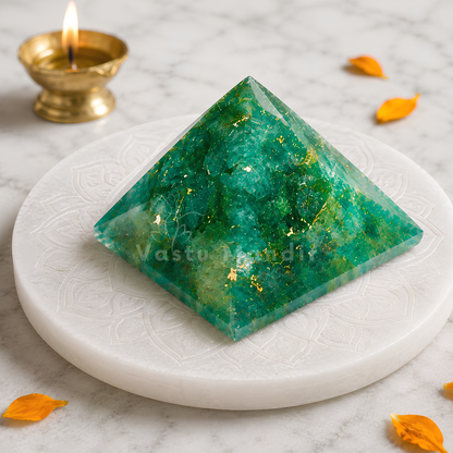 Green Aventurine Orgone Pyramid, orgonite – front-left angled view showing two pyramid faces