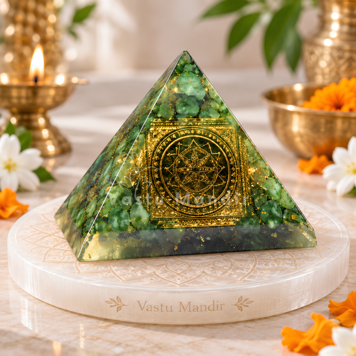 Green Mica Shree Yantra Pyramid Vastu Remedy for Health Support, Emotional Healing and Heart Chakra Balance for Home, Meditation and Healing Spaces | 6.5 cm | 120 g