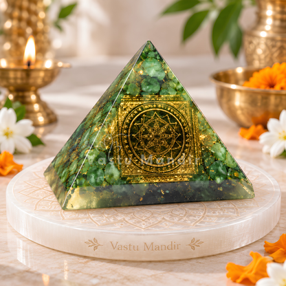 Green Mica Shree Yantra Pyramid Vastu Remedy for Health Support, Emotional Healing and Heart Chakra Balance for Home, Meditation and Healing Spaces | 6.5 cm | 120 g