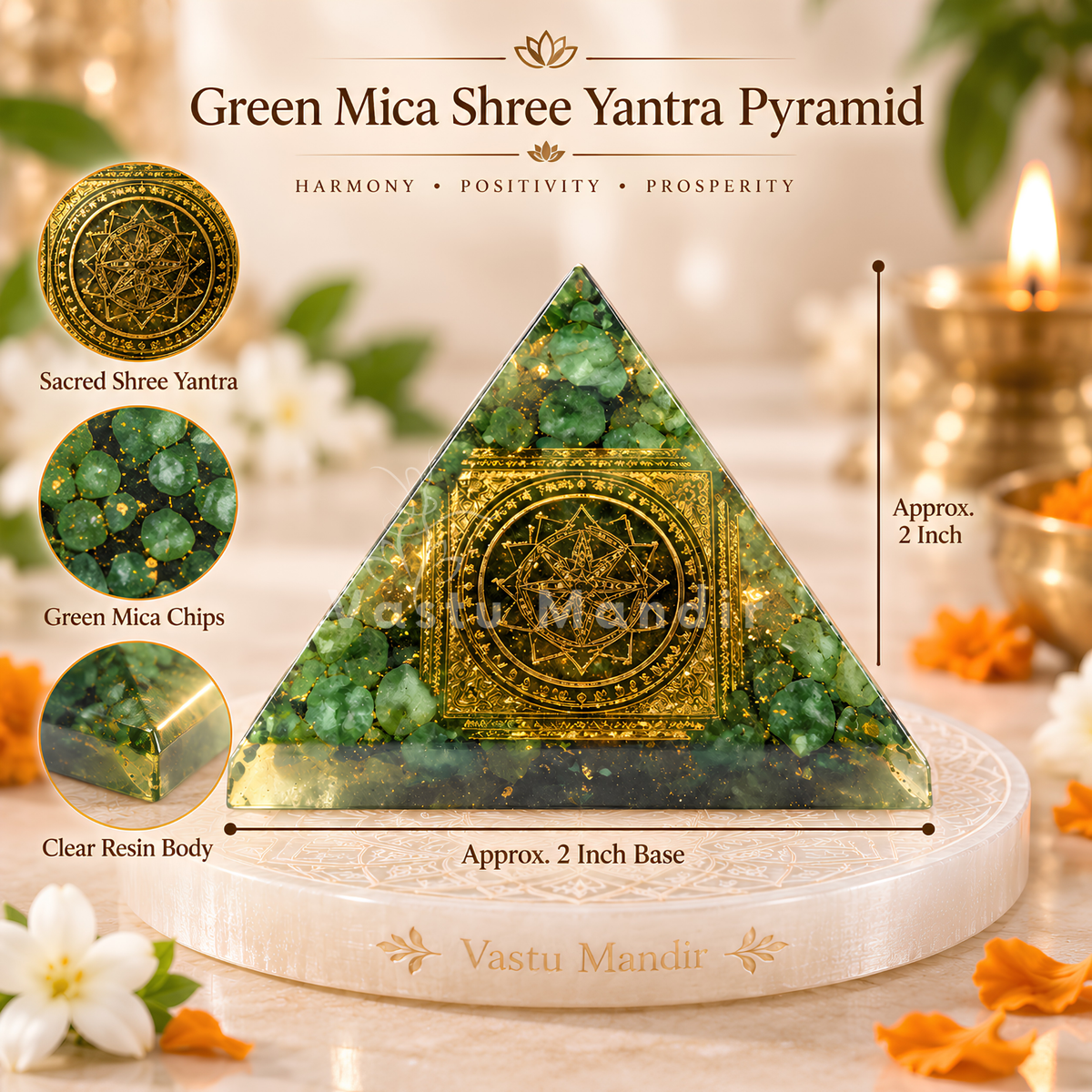 Green Mica Shree Yantra Pyramid Vastu Remedy for Health Support, Emotional Healing and Heart Chakra Balance for Home, Meditation and Healing Spaces | 6.5 cm | 120 g