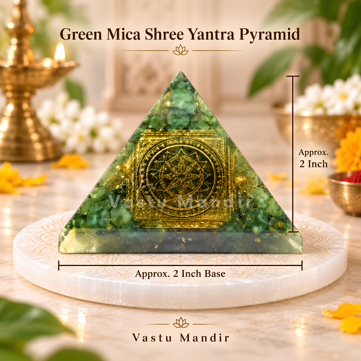 Green Mica Shree Yantra Pyramid Vastu Remedy for Health Support, Emotional Healing and Heart Chakra Balance for Home, Meditation and Healing Spaces | 6.5 cm | 120 g
