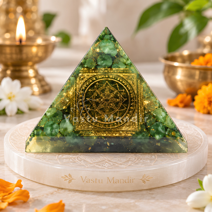 Green Mica Shree Yantra Pyramid Vastu Remedy for Health Support, Emotional Healing and Heart Chakra Balance for Home, Meditation and Healing Spaces | 6.5 cm | 120 g