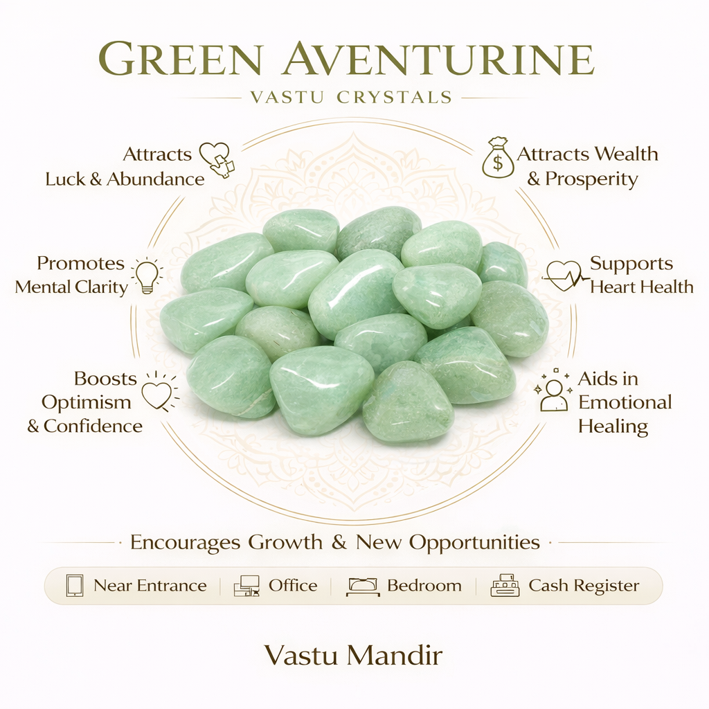 Green aventurine crystals with their purported benefits on a white  background