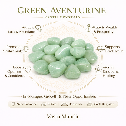 Green aventurine crystals with their purported benefits on a white  background