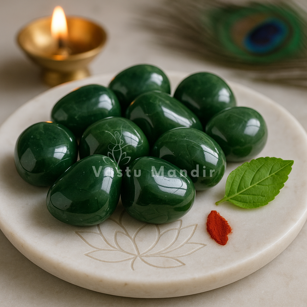 Angled view of green jade tumbled stones on a white plate with marigold petals and a peacock feather