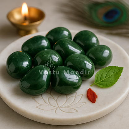 Angled view of green jade tumbled stones on a white plate with marigold petals and a peacock feather
