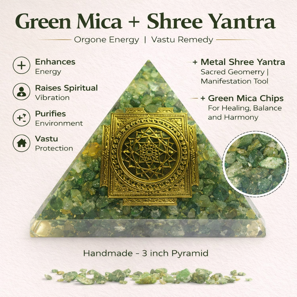 Green Mica + Shree Yantra pyramid with gold emblem on a white background