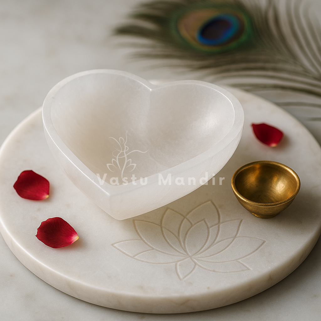 Heart-shaped white Bowl on a marble base with red petals and a gold bowl, branded 'Vastu Mandir'.