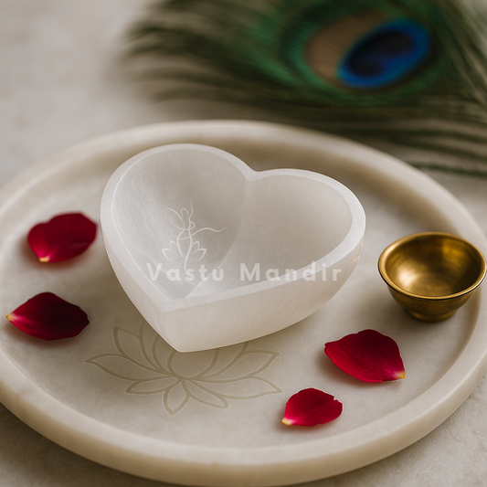 Heart-shaped Selenite Bowl with 'Vastu Mandir' branding on a decorative plate with red petals and a peacock feather.