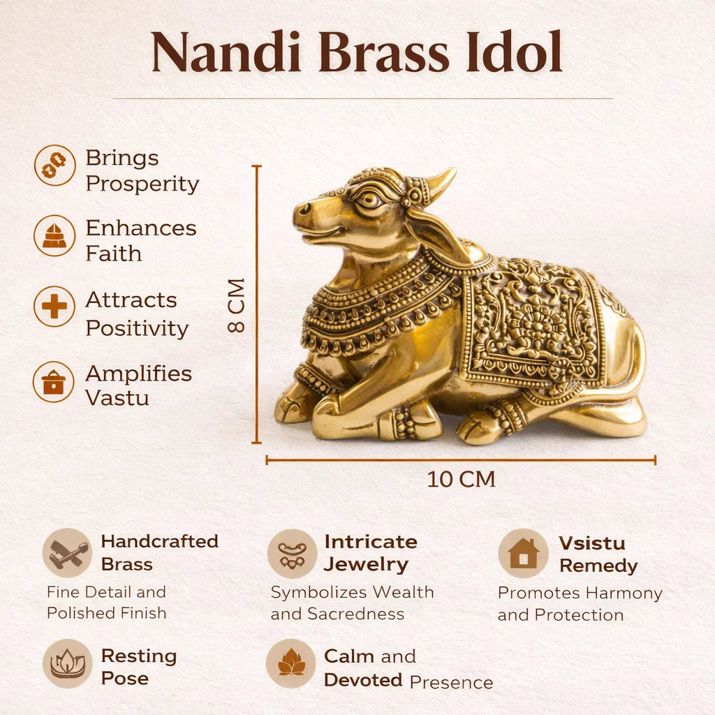 Premium brass Nandi bull idol dimension diagram showing the compact 10 cm by 8 cm form