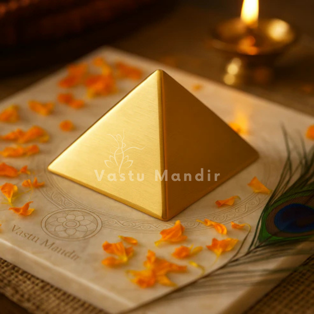 Brass Hollow Pyramid on a white plate with 'Vastu Mandir' branding, surrounded by orange flowers and a peacock feather.
