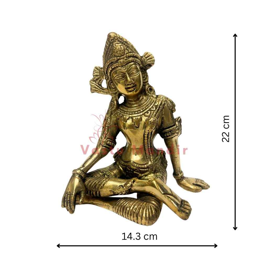Brass Indra Dev idol dimension diagram showing 21 cm height and 14.3 cm width