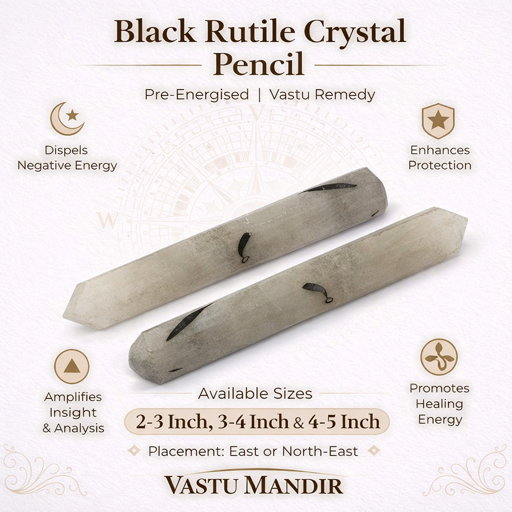 Black Rutile Crystal Pencil with promotional text on a light background