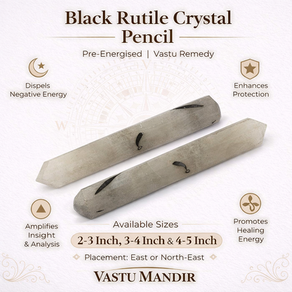Black Rutile Crystal Pencil with promotional text on a light background