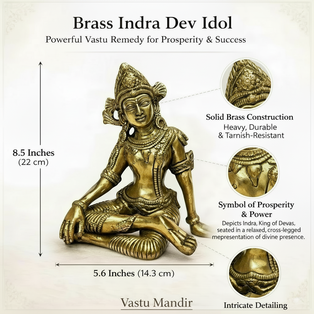 Brass Indra Dev idol feature infographic highlighting the seated pose and brass detailing