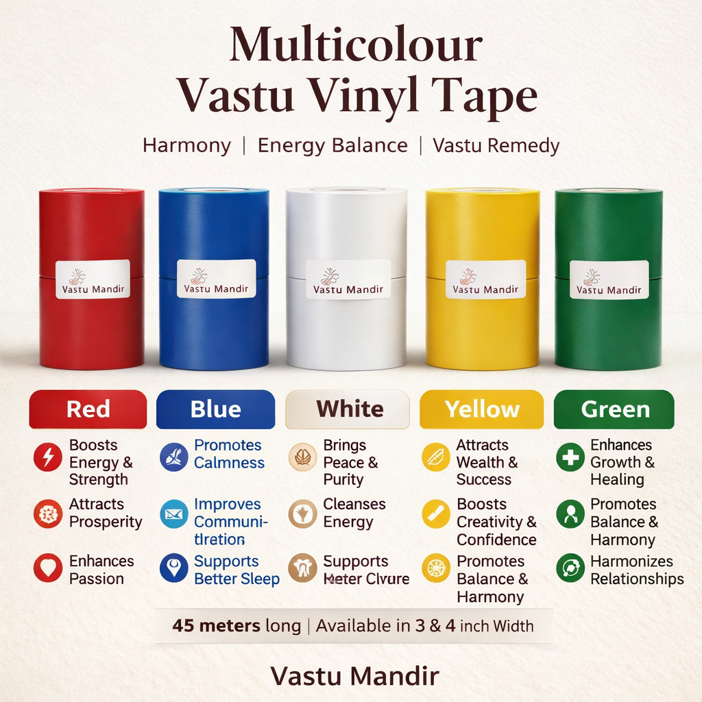 Five rolls of multicolored Vastu Vinyl Tape with descriptions and benefits on a white background.