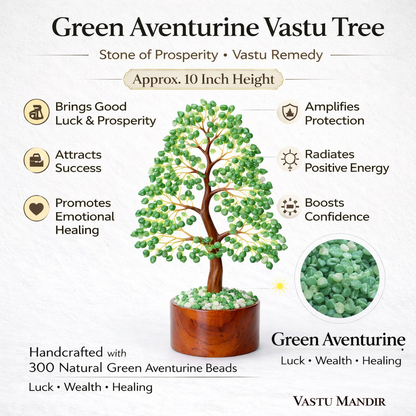 Green Aventurine Vastu Tree with benefits and product details on a white background