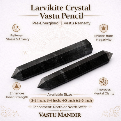 Larvikite Crystal Vastu Pencil with benefits and details on a white background