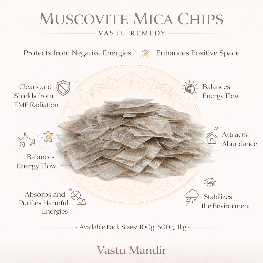 Muscovite mica chips with benefits listed on a white background