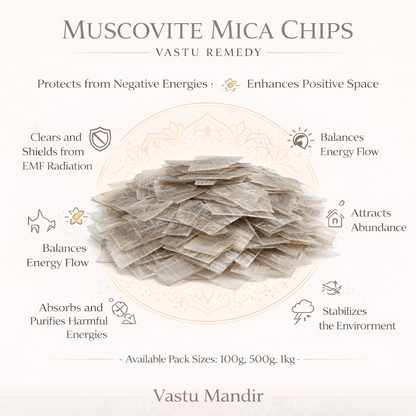 Muscovite mica chips with benefits listed on a white background