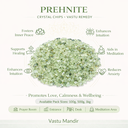 Prehnite crystal chips with benefits listed on a white background