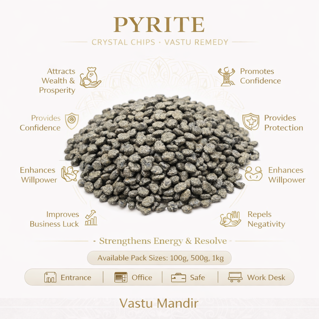 Pyrite crystal chips infographic listing visible product features and suggested placement
