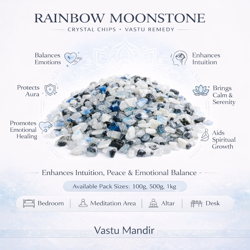 Rainbow moonstone crystal chips with benefits and usage information on a white background