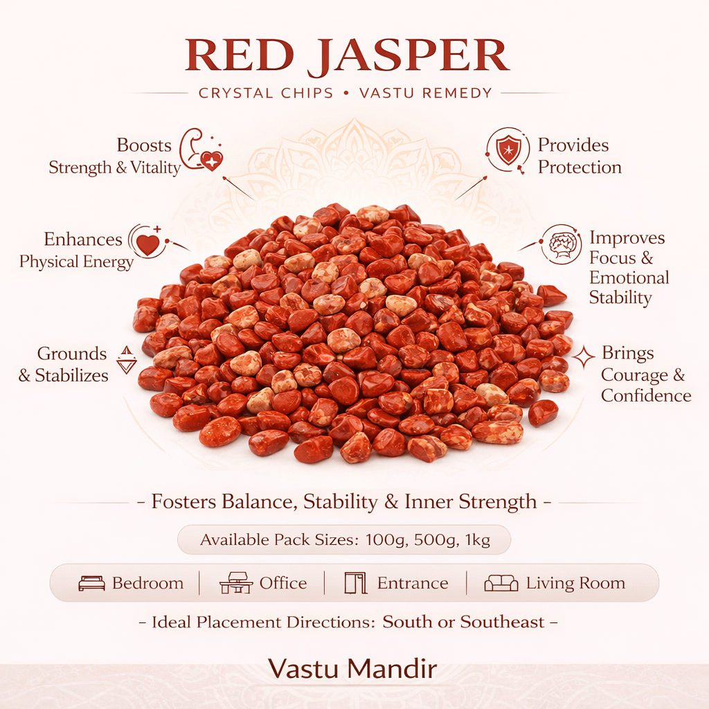 Red jasper crystal chips with benefits listed on a white background