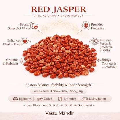Red jasper crystal chips with benefits listed on a white background