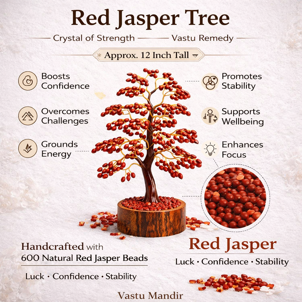 Red Jasper Tree with crystal properties and benefits on a textured background