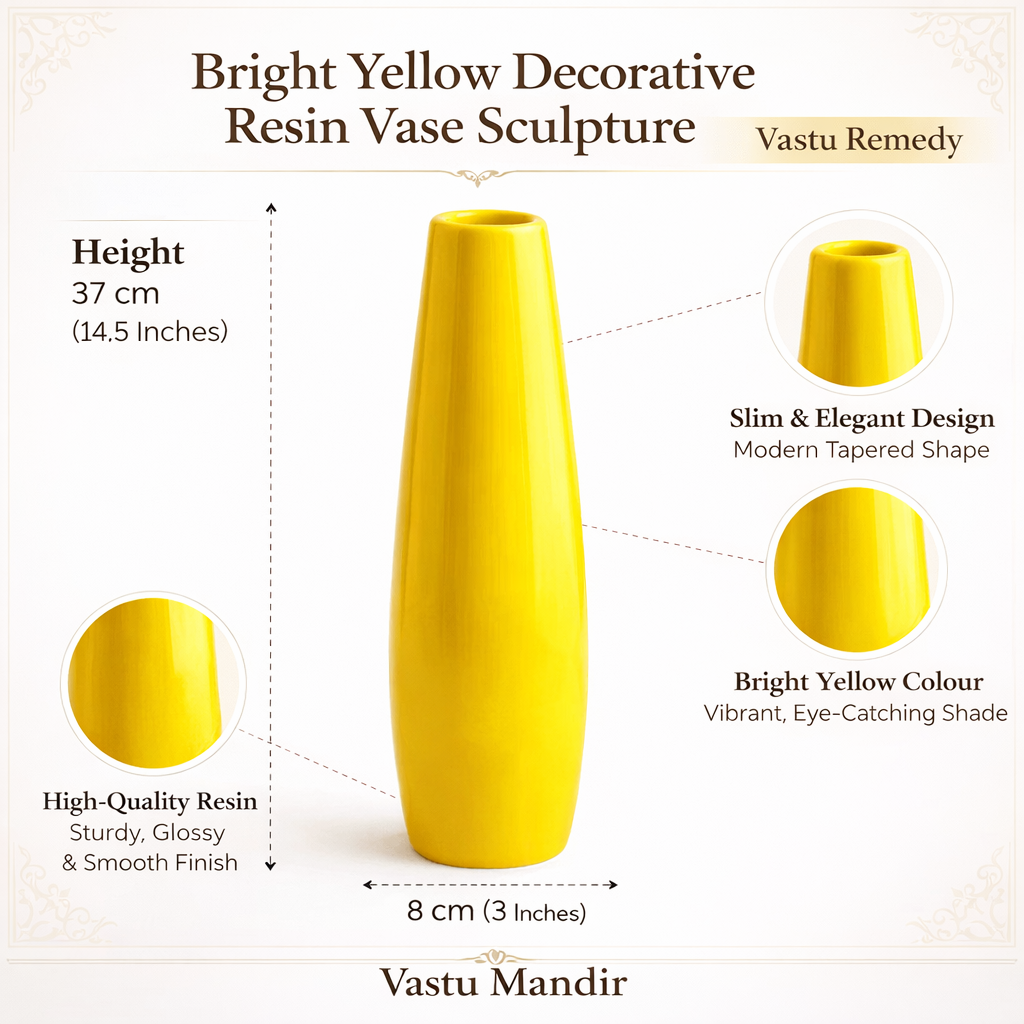 Large yellow resin vase infographic showing product dimensions and key details