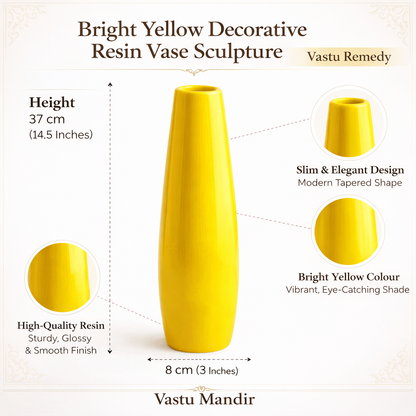 Large yellow resin vase infographic showing product dimensions and key details