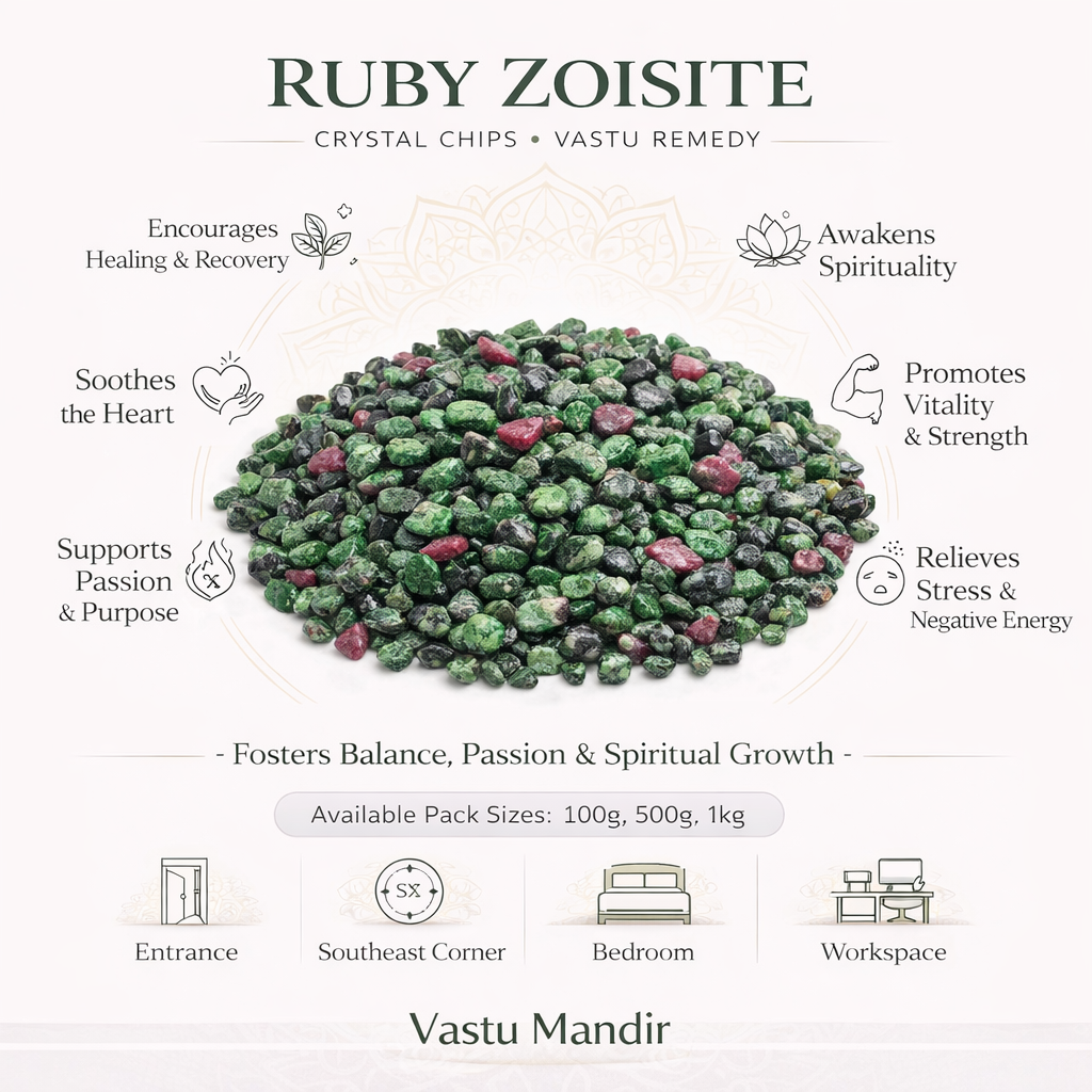 Ruby zoisite crystal chips with benefits and usage information on a white background
