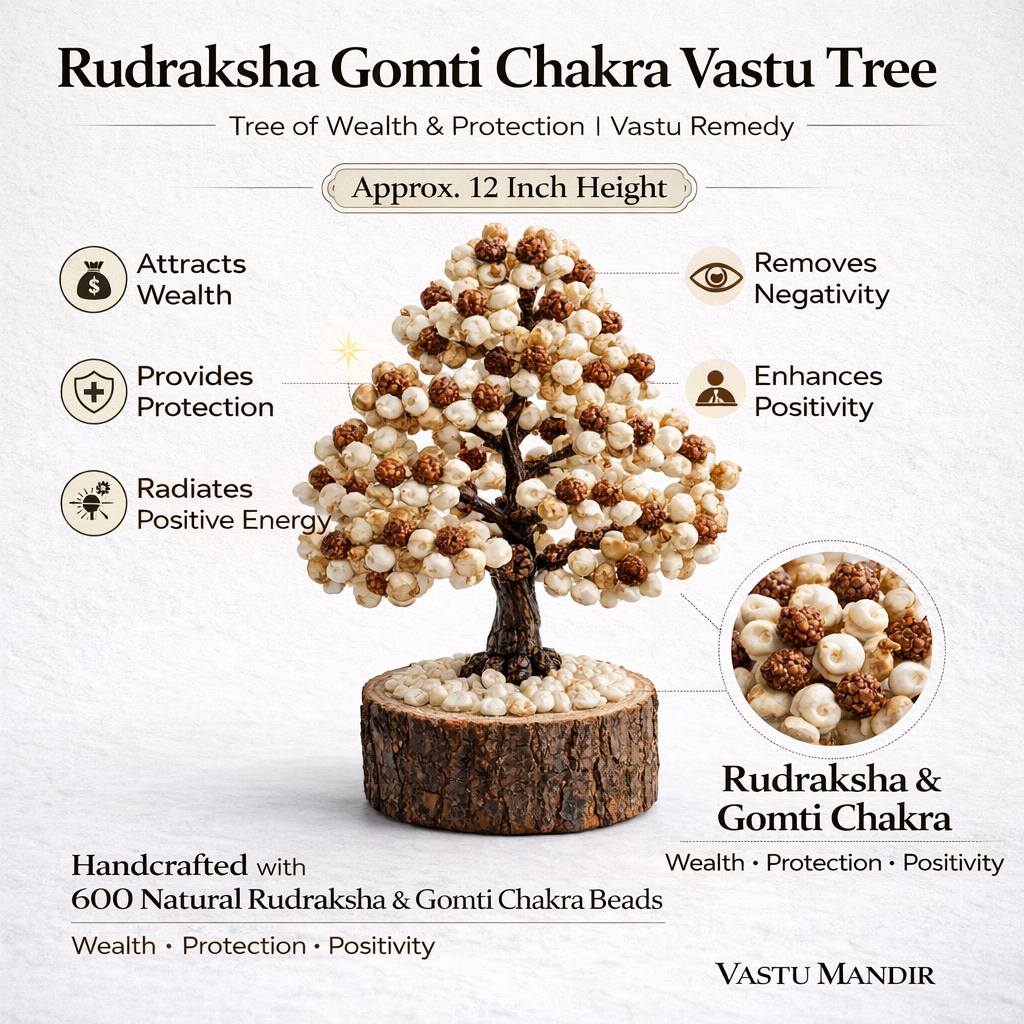 Rudraksha Gomti Chakra Vastu Tree with features and benefits on a white background