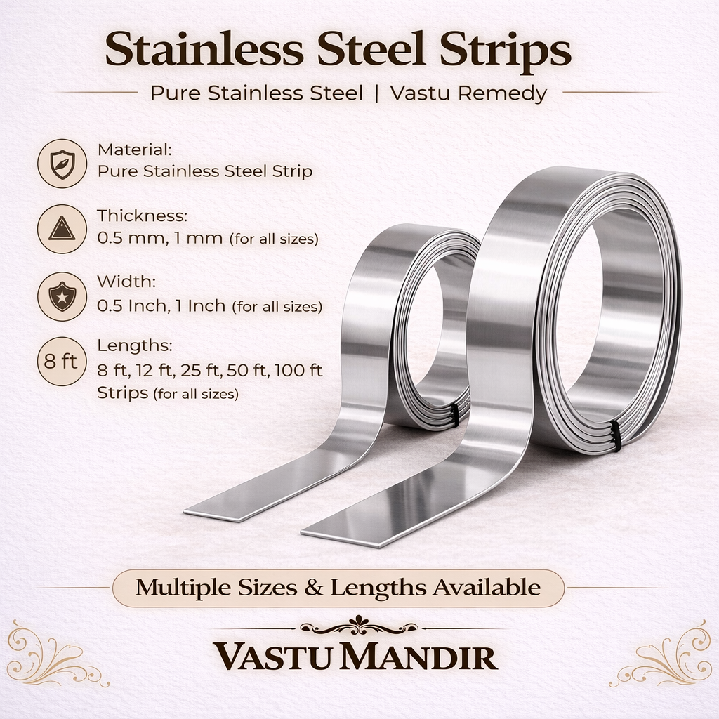 Stainless steel Vastu strip product details on a branded white-background graphic
