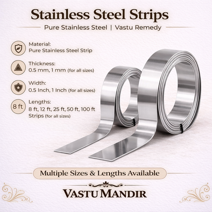 Stainless steel Vastu strip product details on a branded white-background graphic