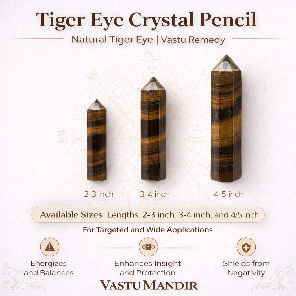 Tiger Eye Crystal Pencils with sizes 2-3 inch, 3-4 inch, and 4-5 inch on a white background.